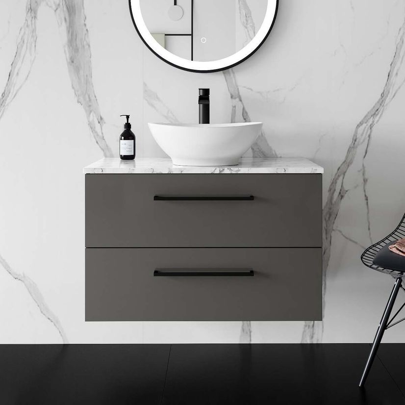 Elba Graphite Grey Wall Hung Drawer Vanity with Marble Top & Oval Counter Top Basin 800mm - Black Accents
