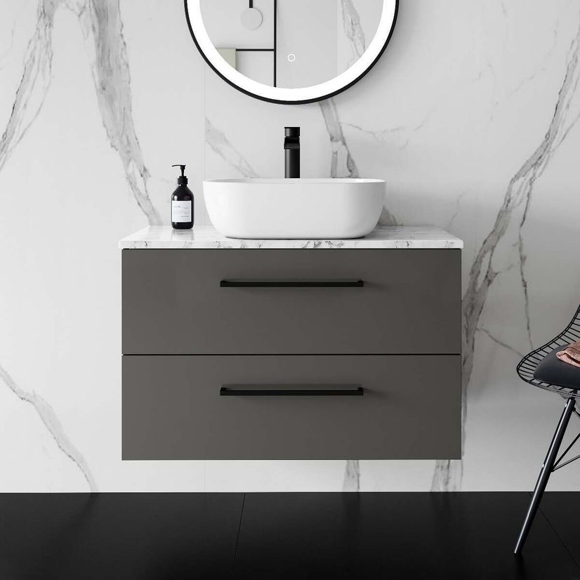Elba Graphite Grey Wall Hung Drawer Vanity with Marble Top & Curved Counter Top Basin 800mm - Black Accents