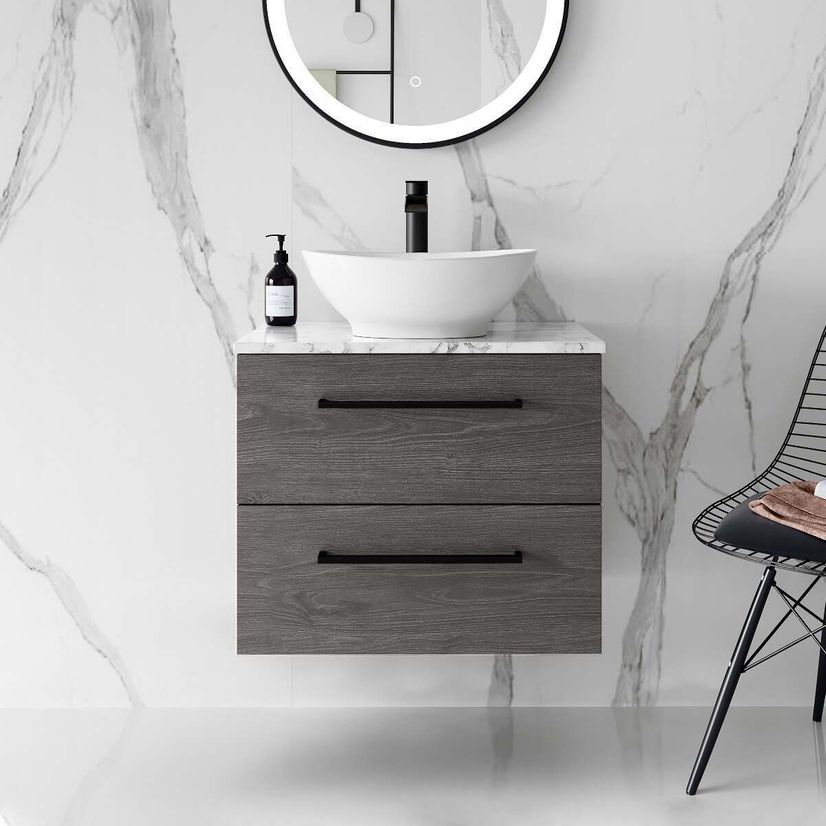 Elba Charcoal Elm Wall Hung Drawer Vanity with Marble Top & Oval Counter Top Basin 600mm - Black Accents