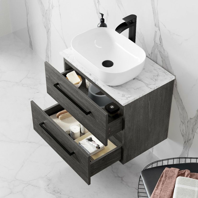 Elba Charcoal Elm Wall Hung Drawer Vanity with Marble Top & Curved Counter Top Basin 600mm - Black Accents
