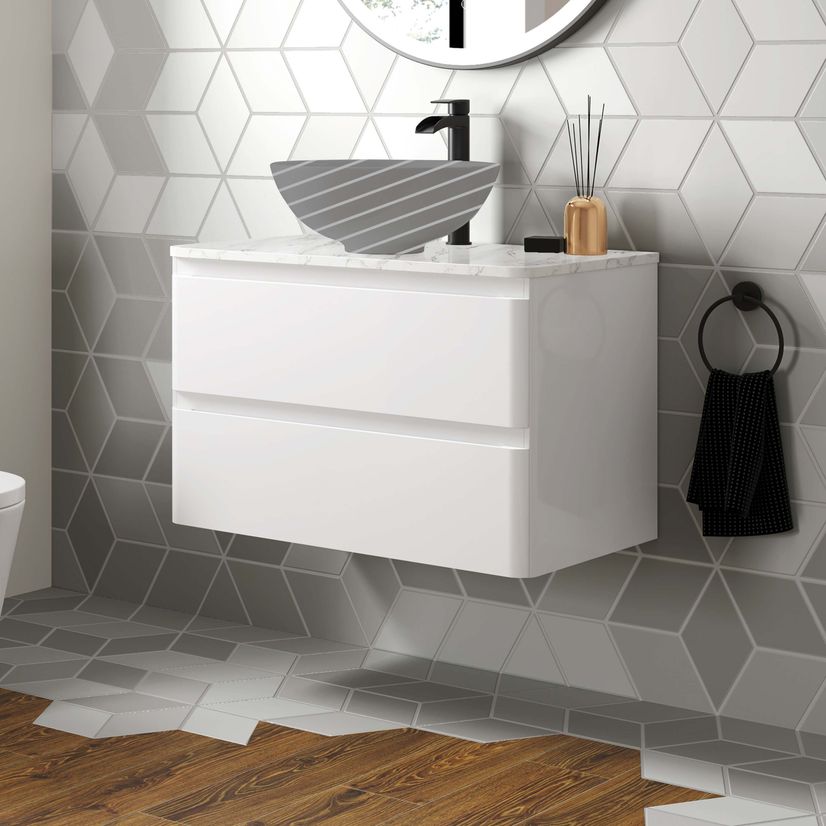 Corsica Gloss White Wall Hung Drawer with Marble Top 800mm - Excludes Counter Top Basin