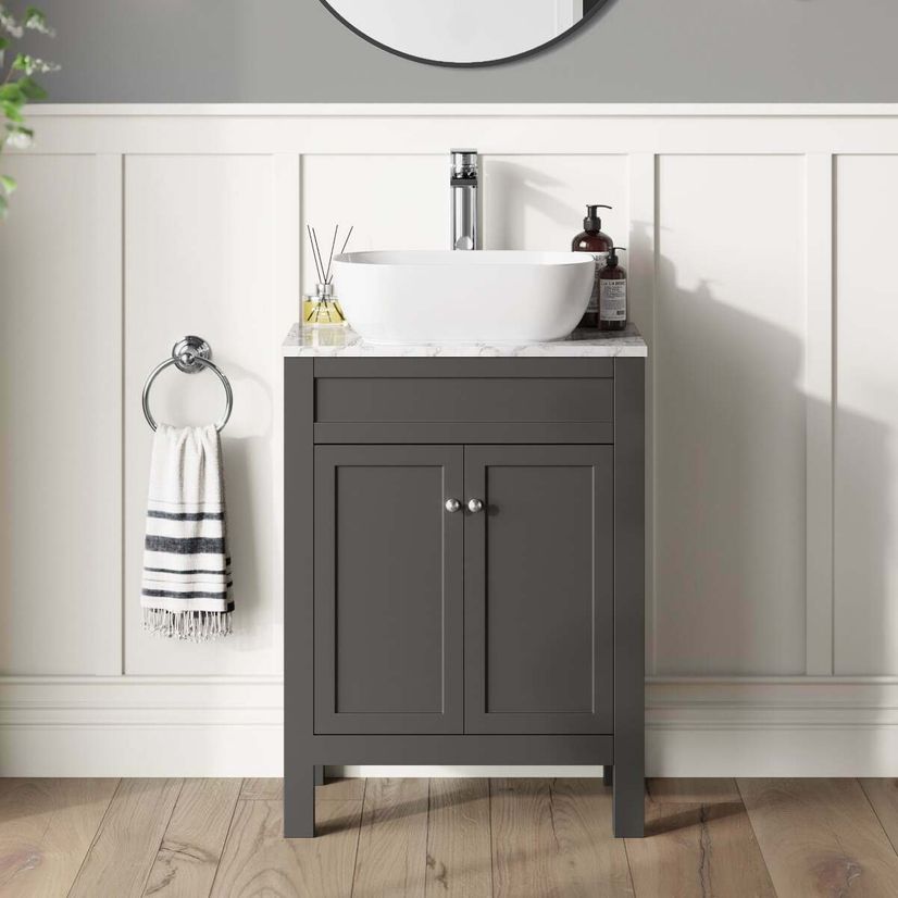 Bermuda Graphite Grey Vanity with Marble Top & Curved Counter Top Basin 600mm