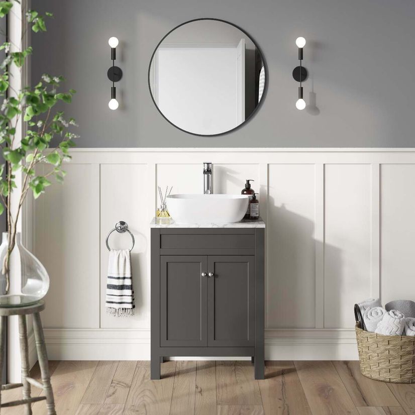 Bermuda Graphite Grey Vanity with Marble Top & Curved Counter Top Basin 600mm