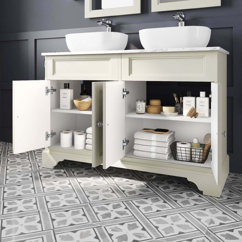 Lucia Chalk White Double Vanity with Marble Top & Curved Counter Top Basin 1200mm
