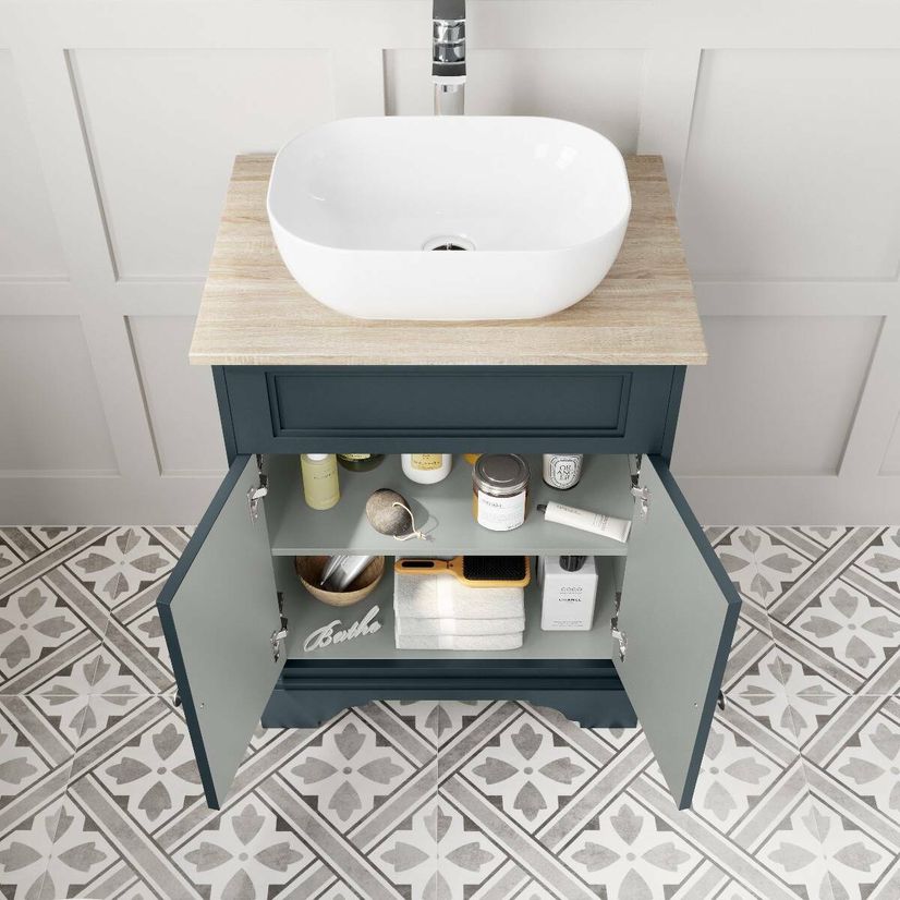 Lucia Inky Blue Vanity with Oak Effect Top & Curved Counter Top Basin 640mm