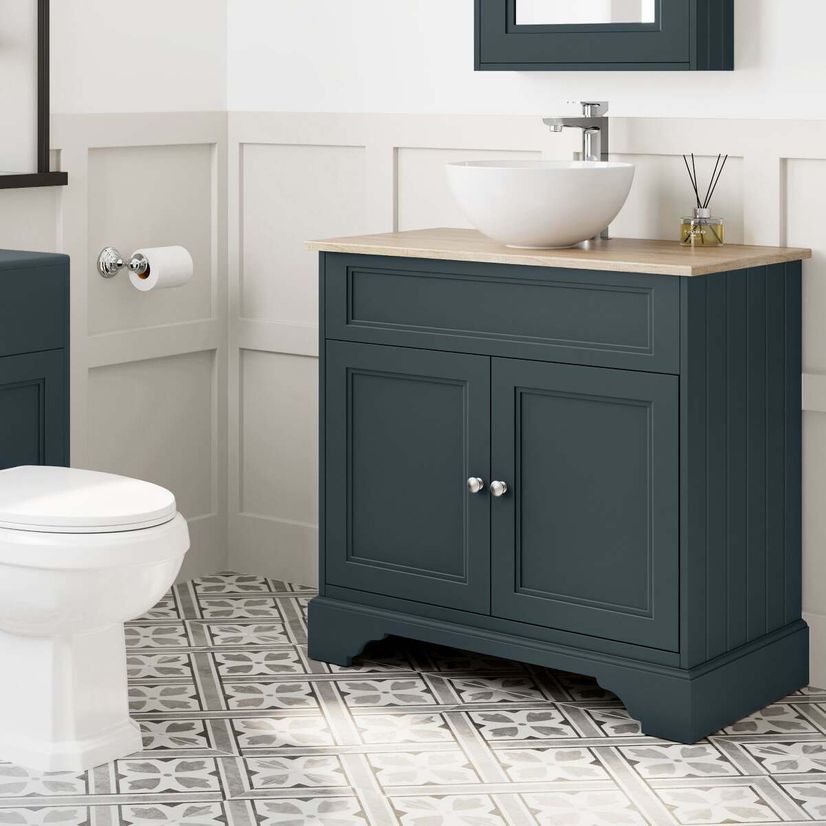 Lucia Inky Blue Vanity with Oak Effect Top & Round Counter Top Basin 840mm