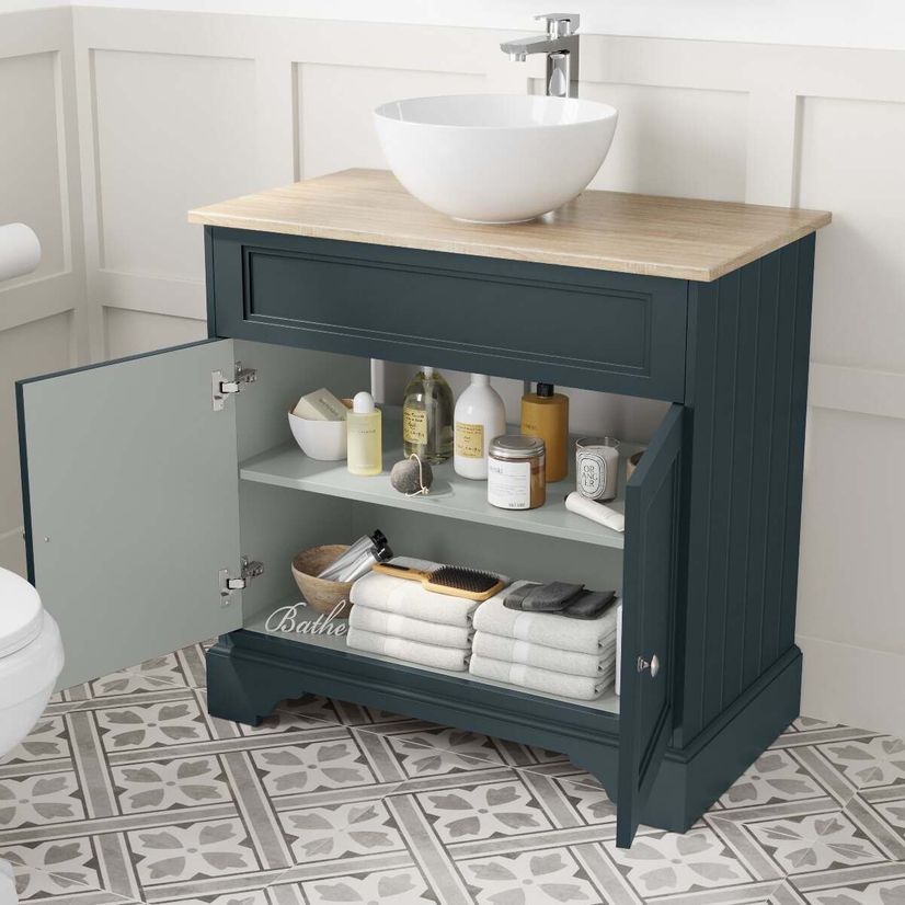Lucia Inky Blue Vanity with Oak Effect Top & Round Counter Top Basin 840mm