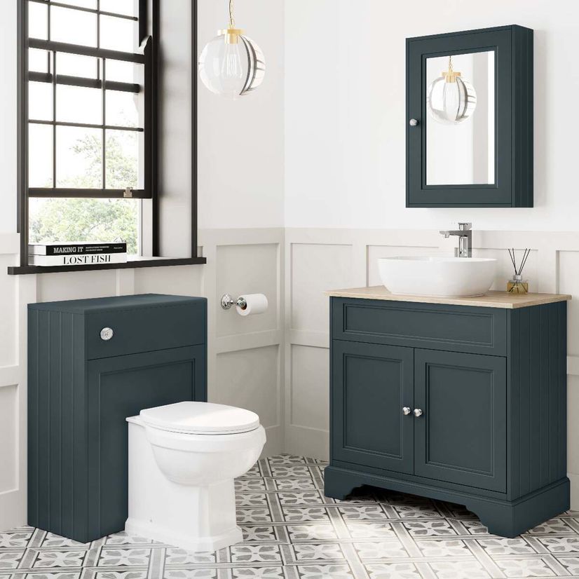 Lucia Inky Blue Vanity with Oak Effect Top & Curved Counter Top Basin 840mm