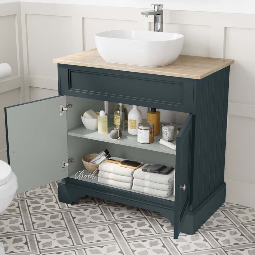 Lucia Inky Blue Vanity with Oak Top & Curved Counter Top Basin
