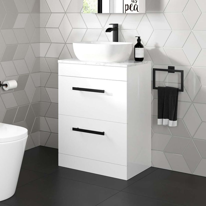 Avon Gloss White Vanity Drawer with Marble Top & Curved Counter Top Basin 600mm - Black Accents