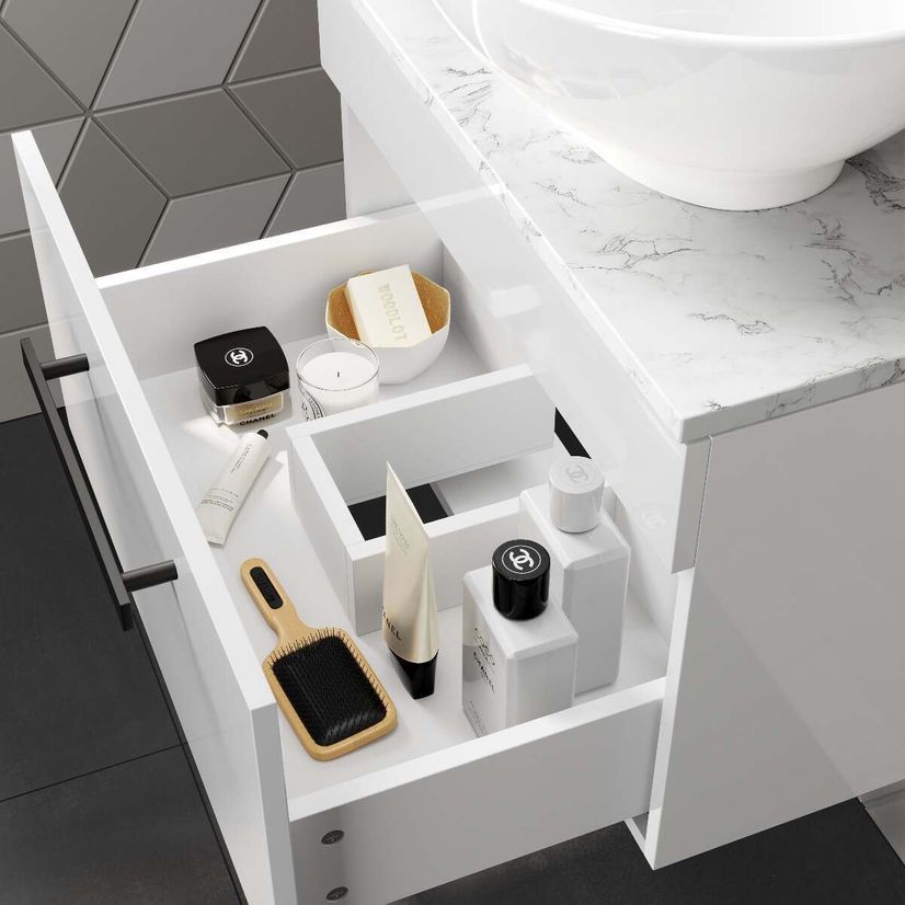 Avon Gloss White Wall Hung Drawer Vanity with Marble Top & Oval Counter Top Basin 600mm - Black Accents