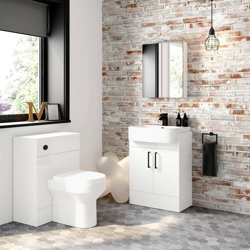 Harper Gloss White Vanity with Semi Recessed Basin 600mm - Black Accents