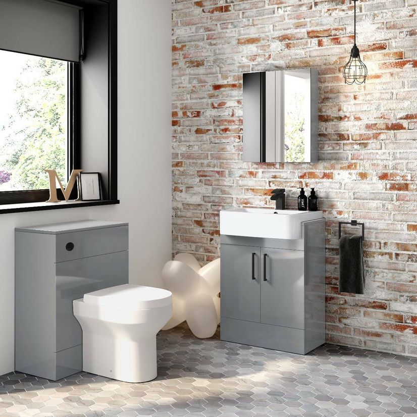 Harper Stone Grey Vanity with Semi Recessed Basin 600mm - Black Accents
