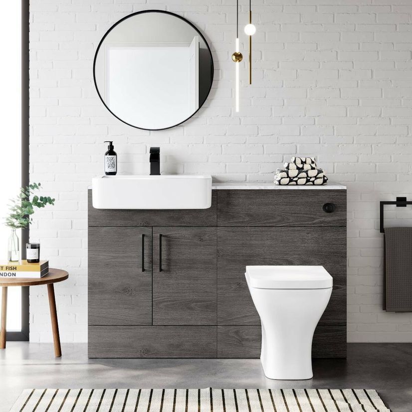 Harper Charcoal Elm Combination Vanity Basin with Marble Top & Atlanta Toilet 1200mm - Black Accents