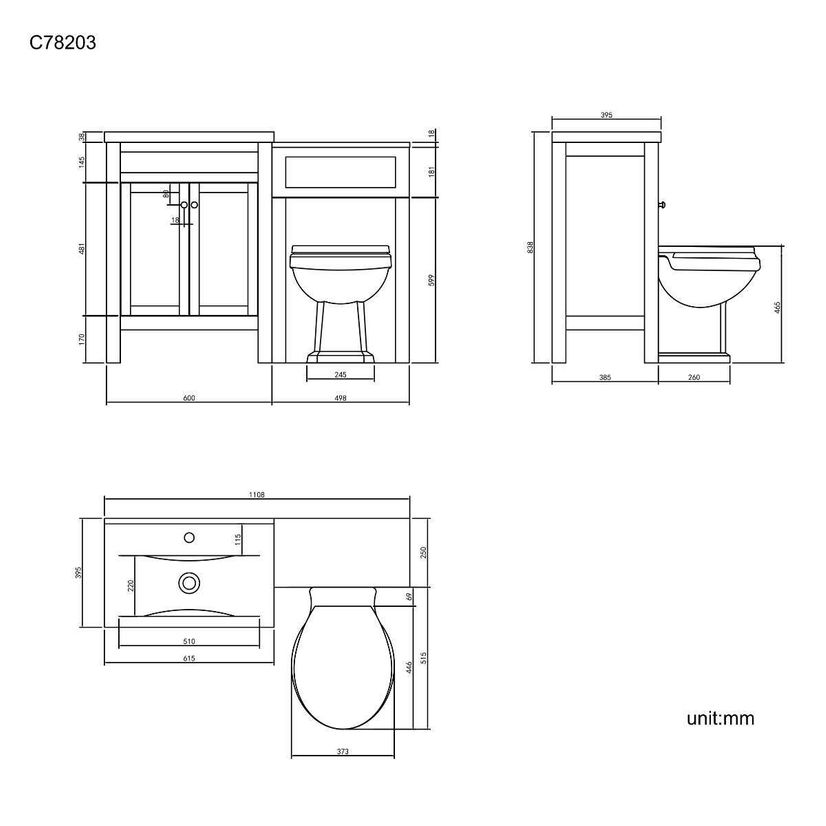 Bermuda Dove Grey Combination Vanity Basin and Hudson Toilet with Wooden Seat 1100mm