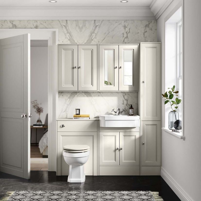 Monaco Chalk White Combination Vanity Traditional Basin and Hudson Toilet with Wooden Seat 1200mm