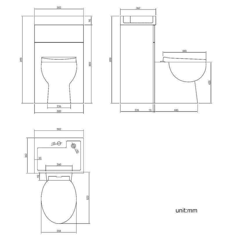 Ohio Gloss White 2-In-1 Combined Wash Basin & Austin Toilet 500mm