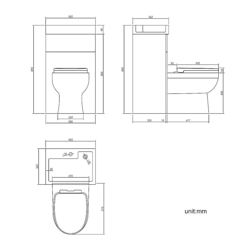 Ohio Gloss White 2-In-1 Combined Wash Basin & Seattle Toilet 500mm