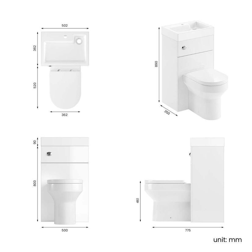 Ohio Gloss White 2-In-1 Combined Wash Basin & Denver Toilet 500mm