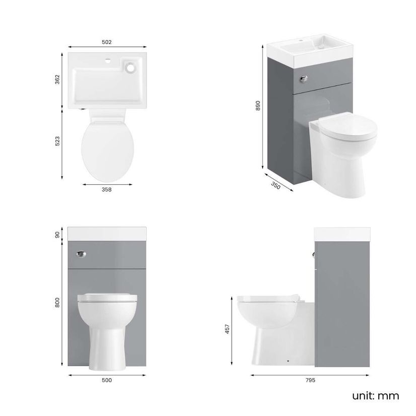 Ohio Stone Grey 2-In-1 Combined Wash Basin & Austin Toilet 500mm