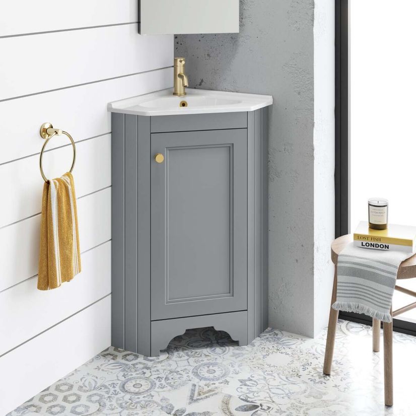 Lucia Dove Grey Corner Basin Vanity 400mm - Brushed Brass Accents