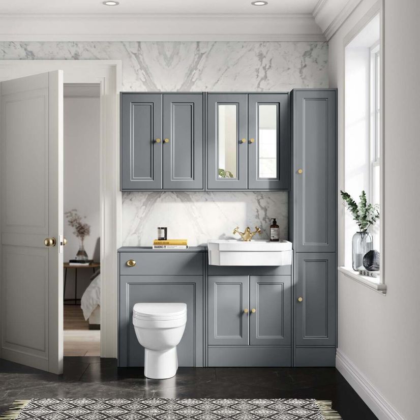 Monaco Dove Grey Combination Vanity Traditional Basin and Seattle Toilet 1200mm - Brushed Brass Accents