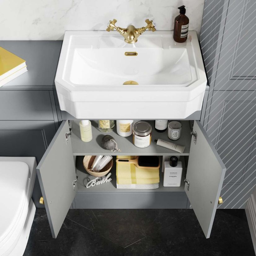 Monaco Dove Grey Combination Vanity Traditional Basin and Seattle Toilet 1200mm - Brushed Brass Accents
