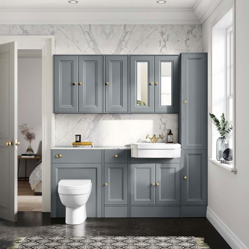 Monaco Dove Grey Combination Vanity Traditional Basin with Marble Top and Seattle Toilet 1500mm - Brushed Brass Accents