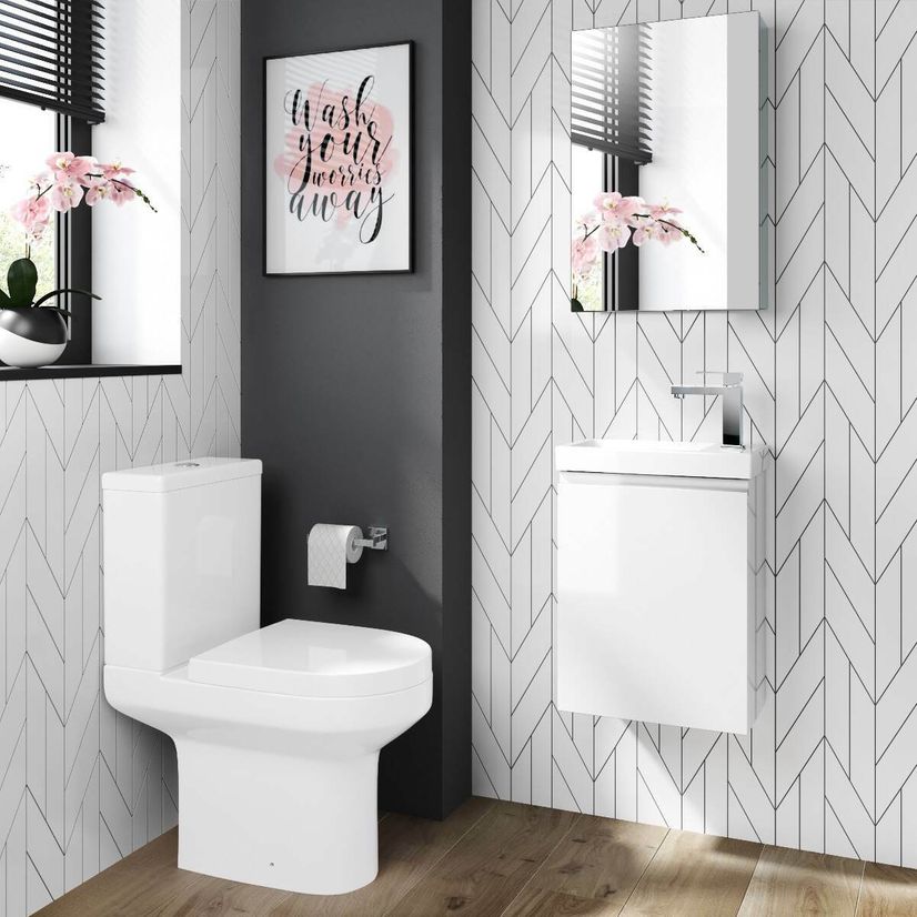 Trent Gloss White Cloakroom Wall Hung Basin Vanity 400mm and Toilet Set